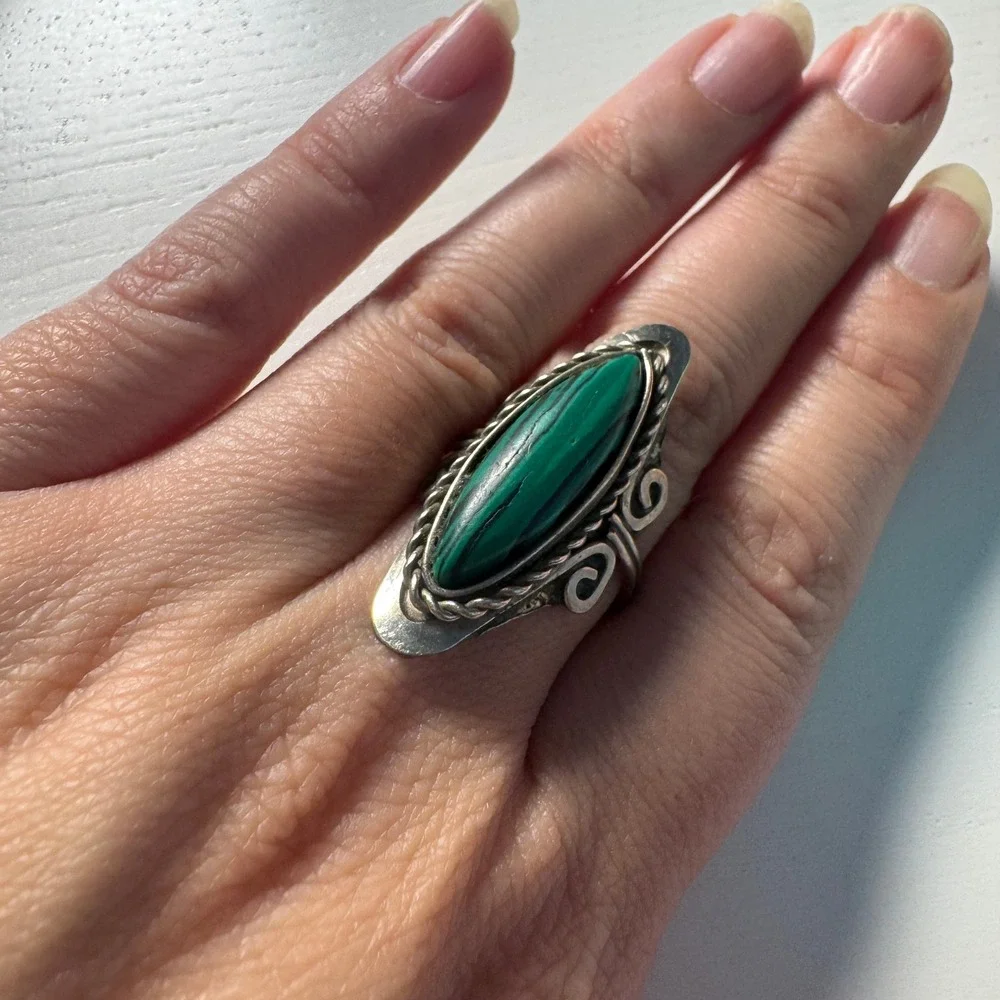 Vtg Silver Tone Malachite Style Ring Marquise Adjustable Southwestern Whimsigoth